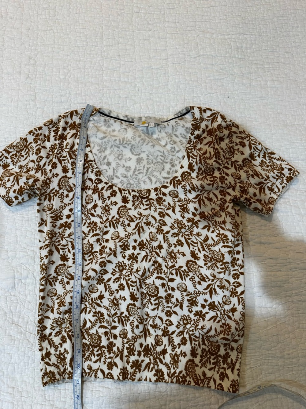 Boden Cream and Camel Floral Scoop Neck Top